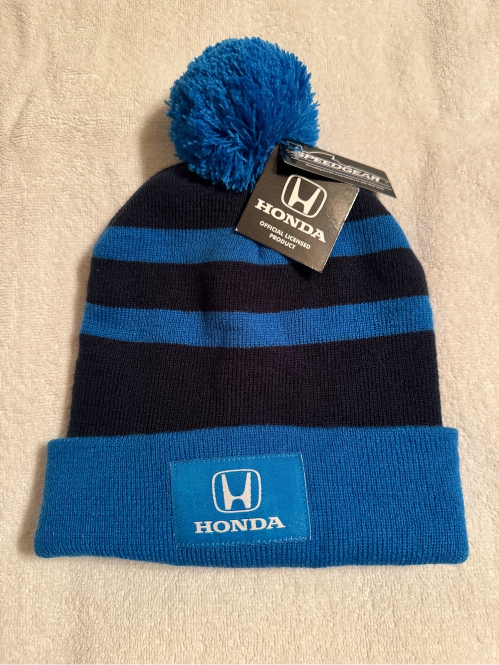 Men’s Blue & Navy Striped Pom Beanie